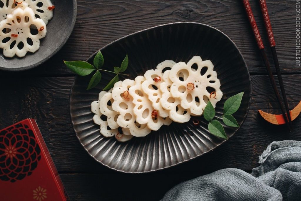 Marinated in a sweet vinegared sauce Pickled Lotus Root called Su Renkon 酢れんこん is one of popular Osechi Ryori the Japanese New Year Food