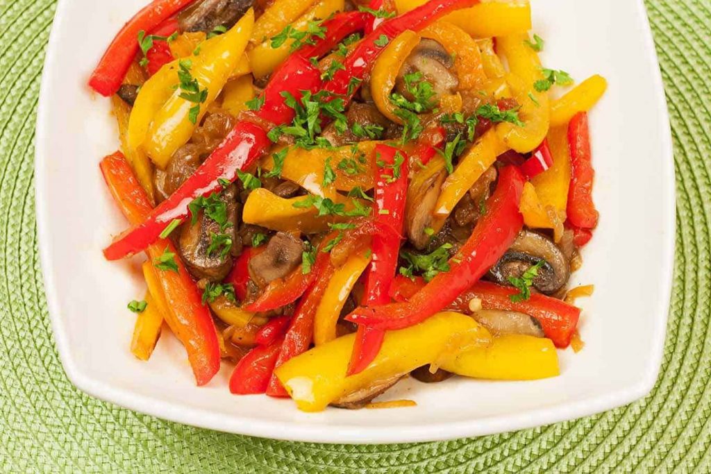 This flavorful combination of sweet bell peppers mushrooms and sliced onions seasoned with fresh garlic and a splash of balsamic vinegar makes a great side dish for a variety of entrees